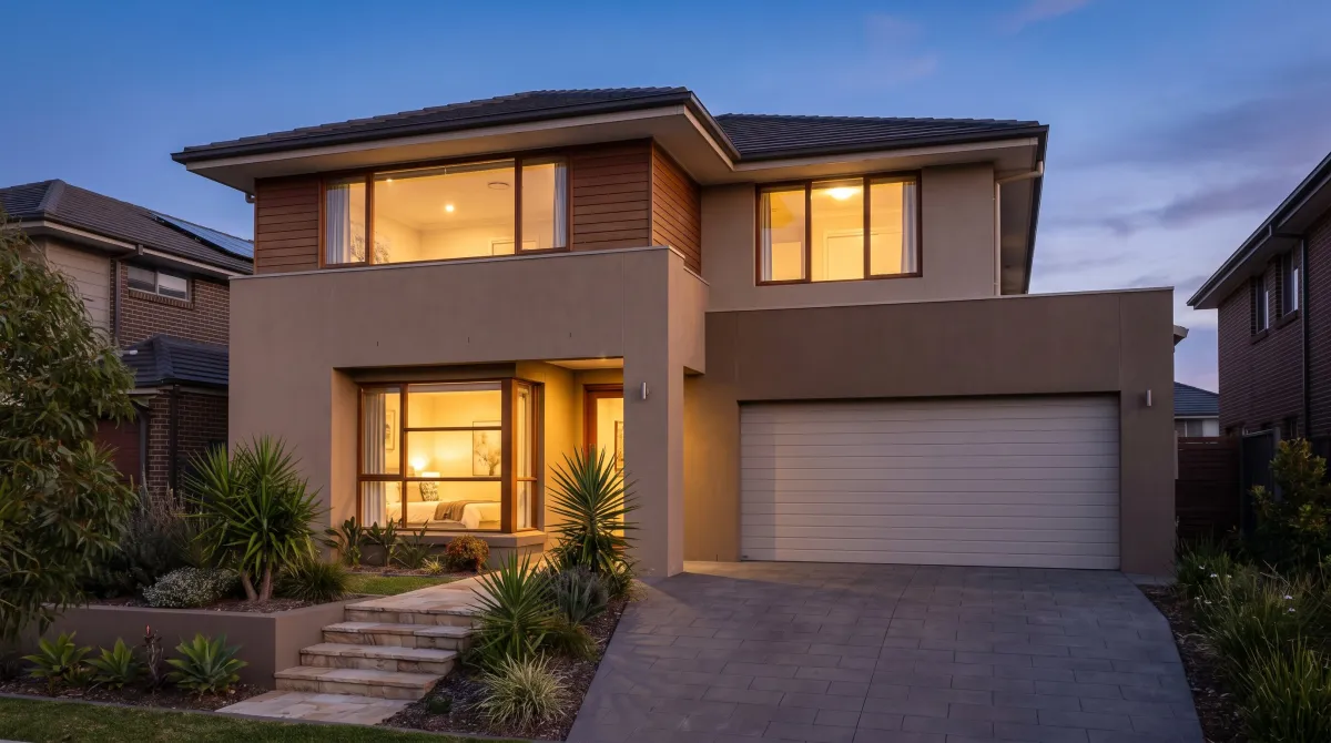 Modern home exterior at dusk in a Blacktown estate