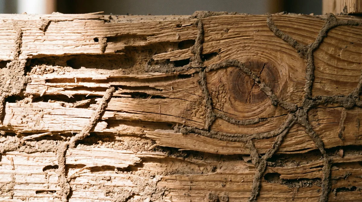 Close-up of termite damage in structural timber