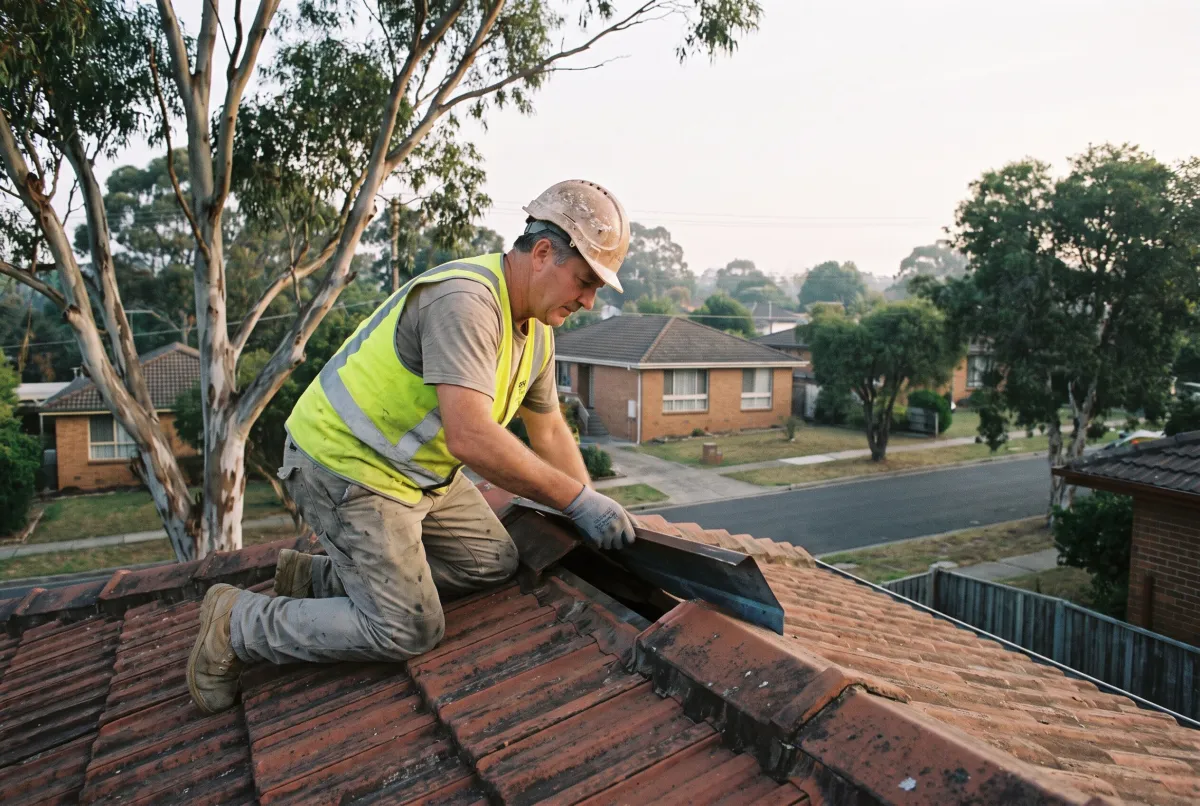 Inspector in hard hat and hi-vis checking a roofline during a building inspection