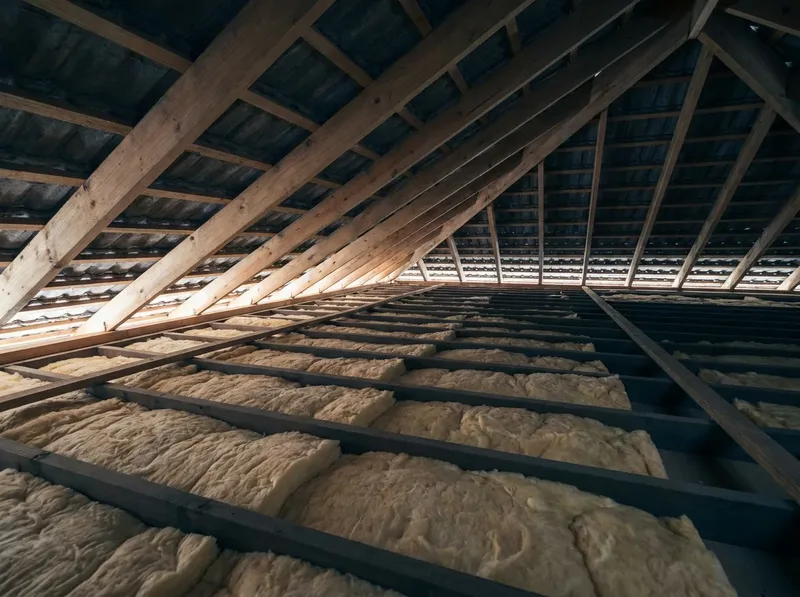 Timber roof framing and insulation inside the roof space of a house
