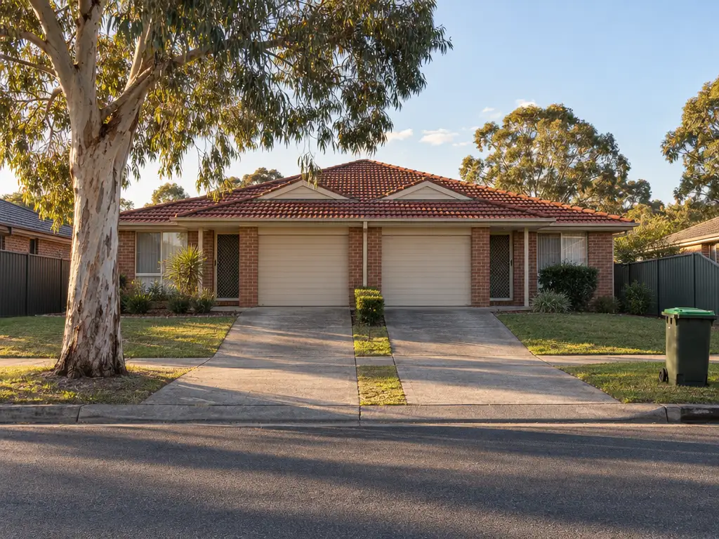 A single-storey brick duplex pair with a terracotta tiled roof, two garage doors and matching driveways, a gum tree on the nature strip and a green wheelie bin by the kerb