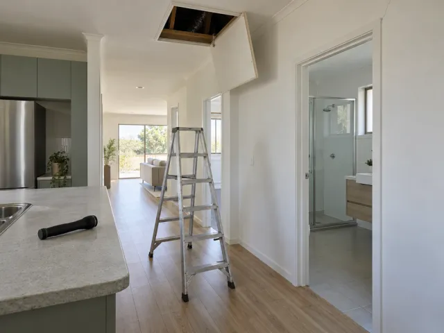 Empty apartment hallway with the ceiling hatch open, a step ladder below it and a torch on the kitchen bench