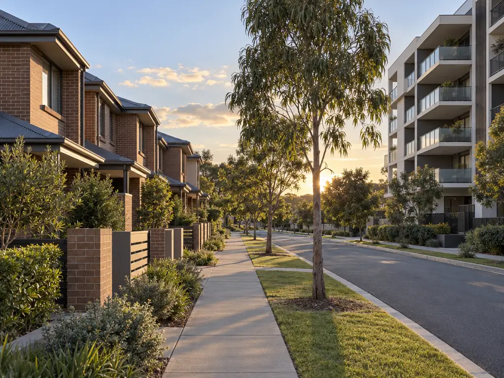 A row of two-storey brick townhouses with Colorbond roofs and small front courtyards on one side of a street, and a five-storey rendered apartment block with stacked balconies on the other, with a footpath and nature strip and a young gum tree between them