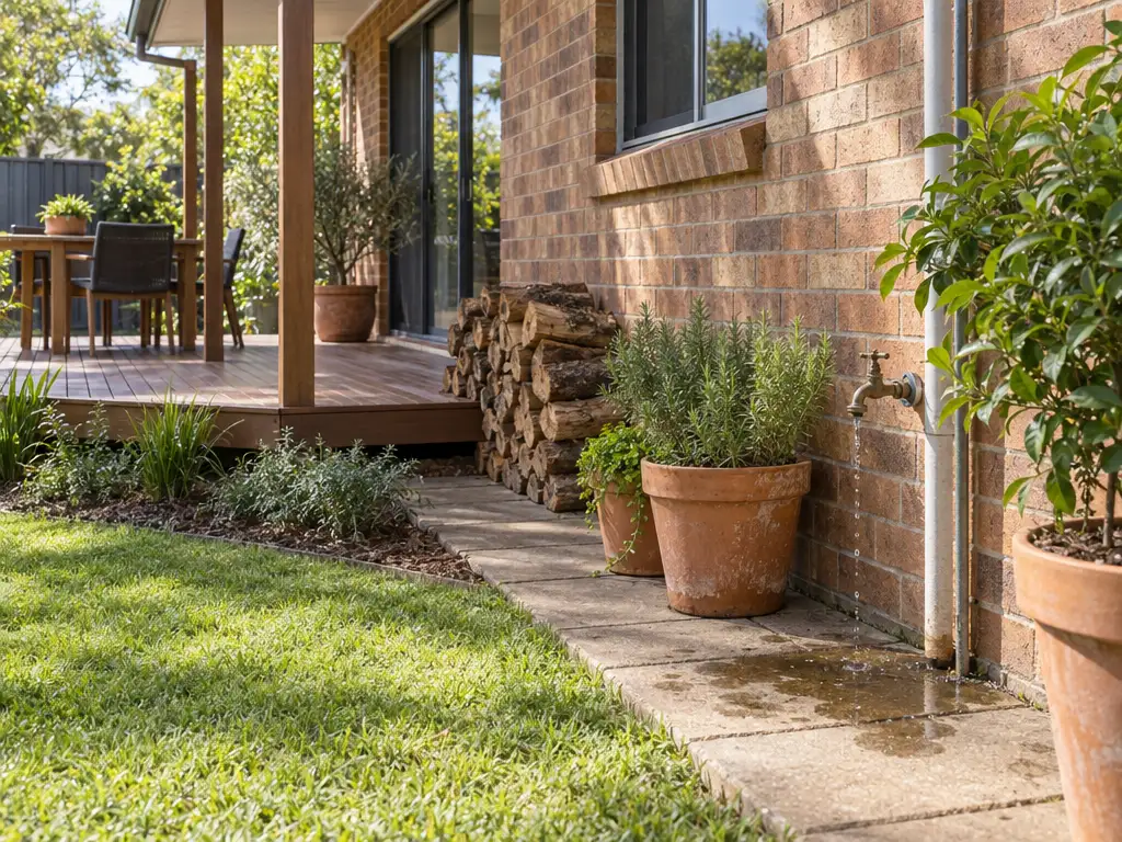 Firewood stacked against a brick house wall, terracotta pots on pavers and a garden tap dripping beside a downpipe, with a timber deck behind