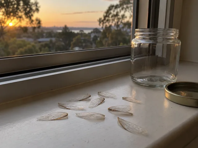 Shed insect wings scattered on a window sill beside an empty glass jar and lid, with a sunset over trees outside