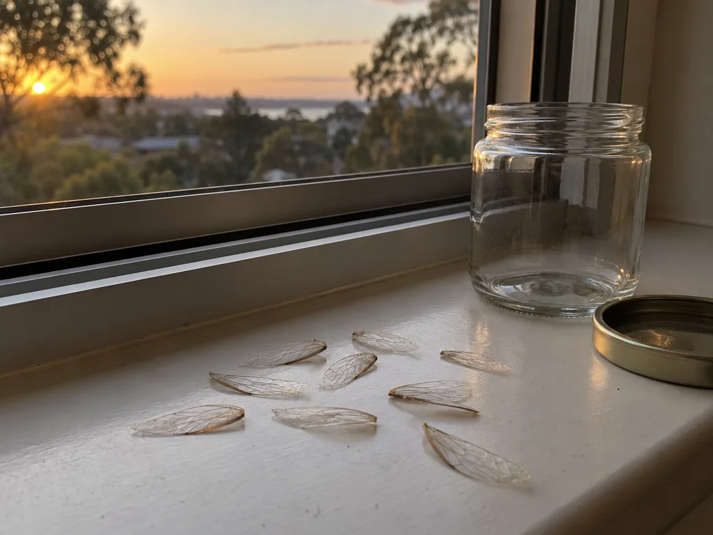 Shed insect wings scattered on a window sill beside an empty glass jar and lid, with a sunset over trees outside